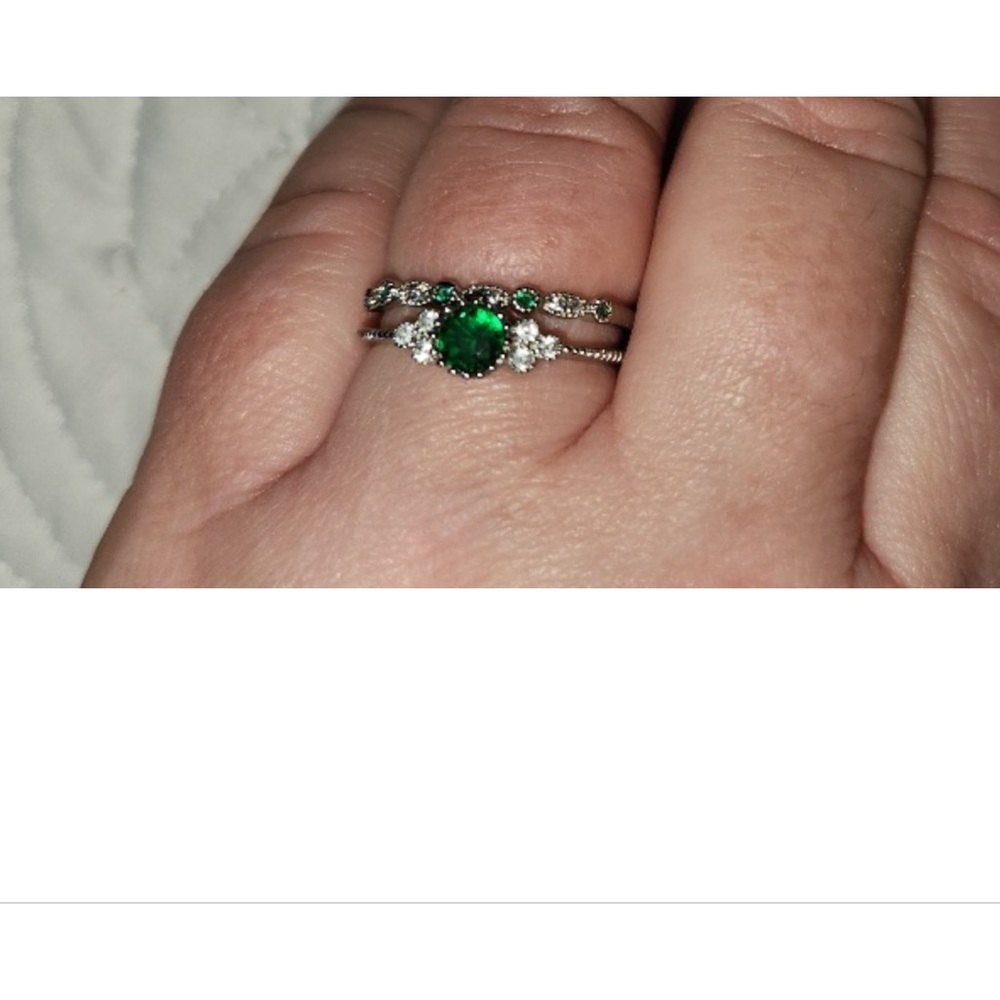 Set of 2 rings, band and round. .925 Silver, green CZ. Size 10 ring.